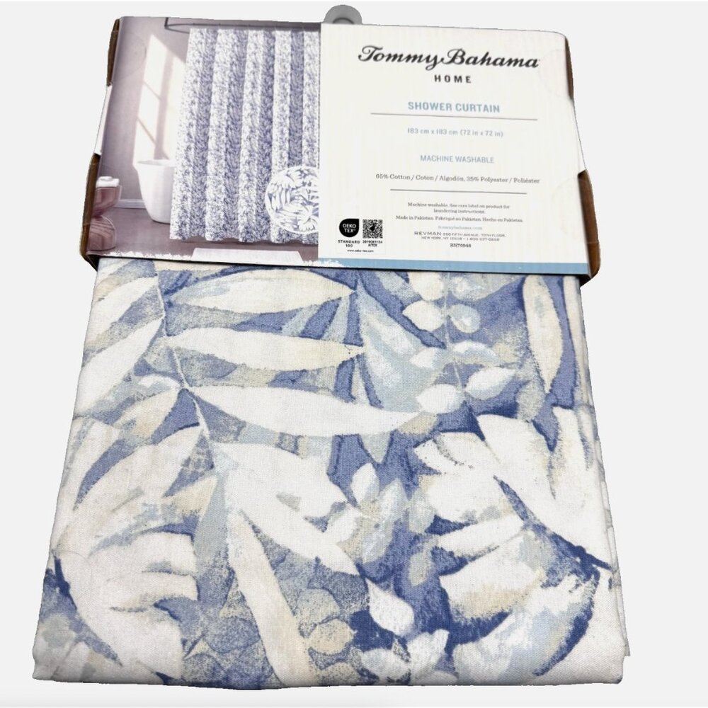 Tommy Bahama Watercolor Palm Frond Leaves Shower Curtain Blue Tan White Tropical